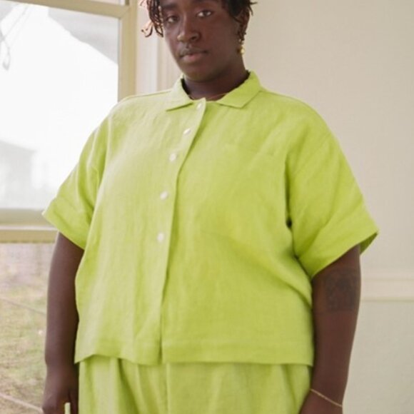NETTLE STUDIOS Boxy Collared Top in Limeade Green Linen - Slow Fashion - Size OS - Picture 9 of 12